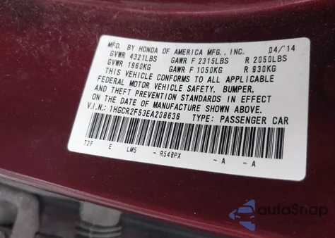 2014 Honda Accord Sport z USA, uszkodzony, nr VIN 1HGCR2F53EA208636